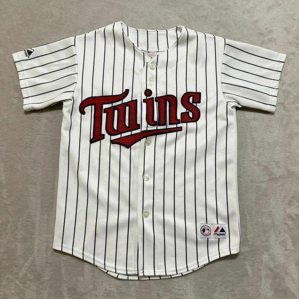 VTG Majestic Minnesota Twins Justin Morneau Jersey Youth M White Pinstripe MLB